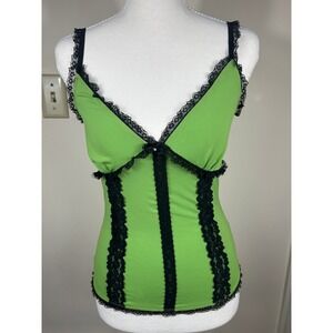 VTG ToomiUSA Y2K Babydoll Top Women S Green Lace Trim Bow Statement Fairy Grunge